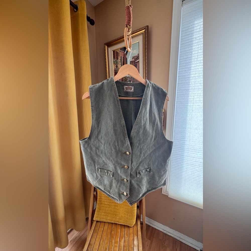 Vintage Olive Green Denim Vest and Brass Buttons Front Pockets Nevada Jeanswear